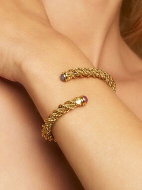 Gas Bijoux Gold Twisted Rope Cuff Bracelet with Pink and Purple Cabachon Stones